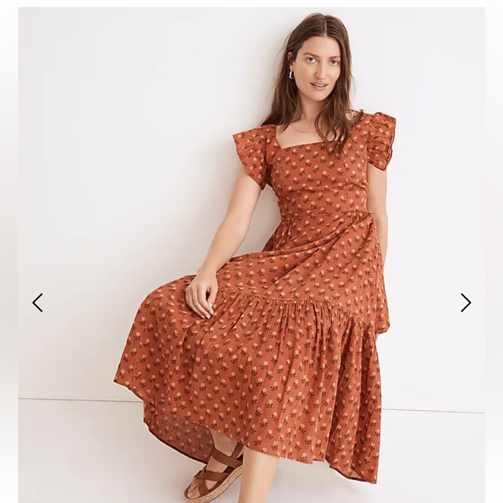 Madewell XL Ruffle-Strap Tiered Midi Dress in Wild Calendula Block-Print